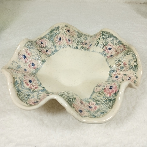 Hand Spun Pottery Bowl Raised Flower Design by D.K. Mc Bride Pottery - Picture 1 of 9